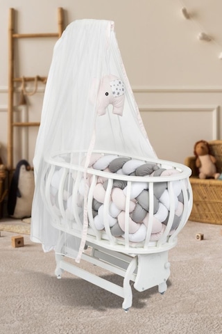 Tommybaby Masal Sepet Beşik Ahşap Beşik Örgülü Uyku Setli Doğal Ahşap Beşik Pembe