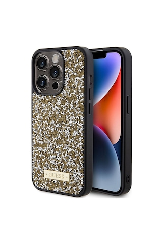 Apple Uyumlu iPhone 15 Pro Kılıf Guess Lisanslı Taşlı Arka Yüzey Metal Yazı Logolu Kapak Siyah