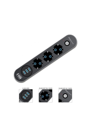 Akım Korumalı Isıya Dayanaklı 3x Grup Priz Ve 3x Usb Şarj Çıkışı 2 M