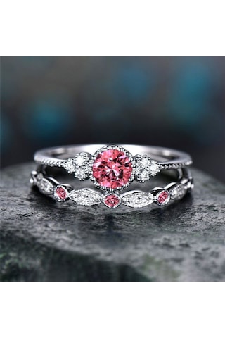 2 Pcs/set Women Fashion Zircon Gemstone Ring 7 Pink Çok Renkli