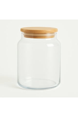 3'lü Set Bambu Kapaklı Orta Boy Vakumlu Cam Baharat Takımı - 3 X 700 Ml. Ahşap - Şeffaf