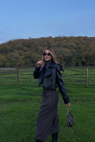 Siyah Apolet Detaylı Tasarım Deri Ceket Siyah