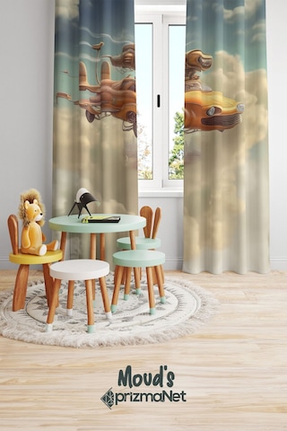 Uçan Araba Desenli Baskılı Çocuk Ve Bebek Odası Fon Perdesi 2 Kanat - Prd-01 Çok Renkli