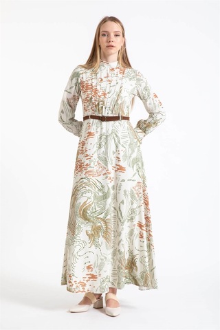 Hasır Örgü Kemer Detaylı Desenli Emprime Elbise Haki-haki Haki