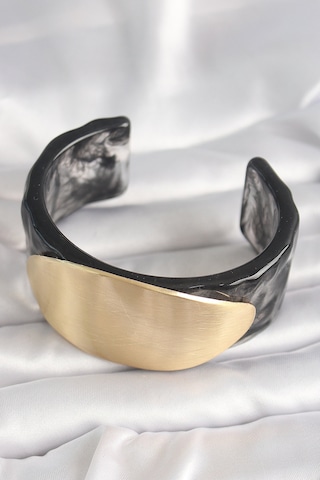 Nova Bazaar Siyah Mermer Desen Akrilik Plastik Gold Oval Plaka Model Vintage Kadın Bilezik Siyah