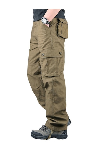 Aşınmaya Dayanıklı Çok Cepli Düz Bol Büyük Beden İş Pantolonu Haki