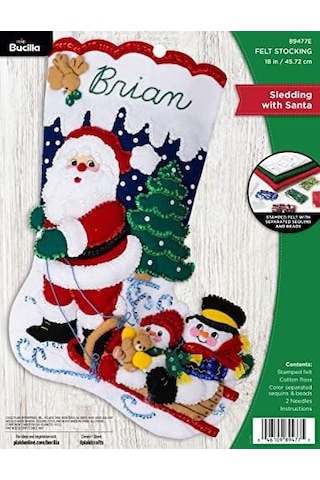 Keçe Aplike 45,72 Cm Çorap Yapma Seti, Noel Baba İle Kızak, Kendin Yap Sanatları Ve El Sanatları İçin Mükemmel, 89477e 50 x 22