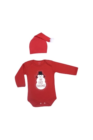 Yılbaşı Noel Christmas Temalı Organik Bebek Body Şapka Takımı 9-12 Aylık Kırmızı