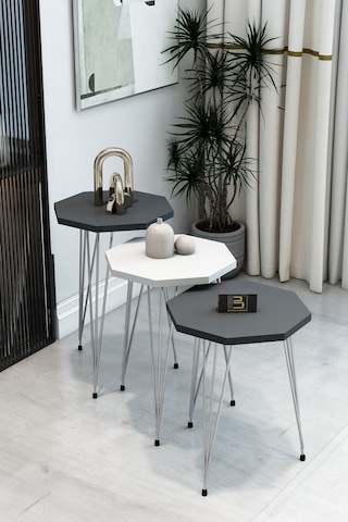 3'lü Sekizgen Zigon Sehpa Seti - Gümüş Metal Ayaklı, Modern & Şık Yan Sehpa, Dayanıklı Salon Ofis Beyaz Antrasit
