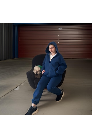 Ceyss Design Unisex Üç İplik Şardonlu Kapüşonlu Hırkalı Eşofman Takımı-indigo İndigo