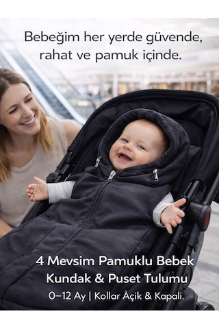 Ubeybi 4 Mevsim Bebek Arabası Ve Ana Kucağı %100 Pamuklu Tulum Footmuff 0-12 Ay - Gri
