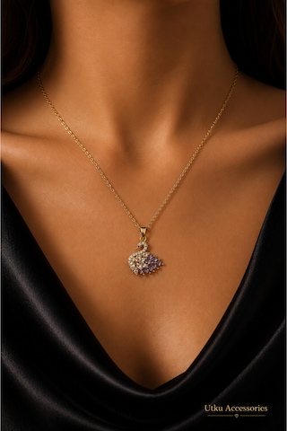 Stainless Steel Kuğu Taşlı Gold Çelik Kolye Altın