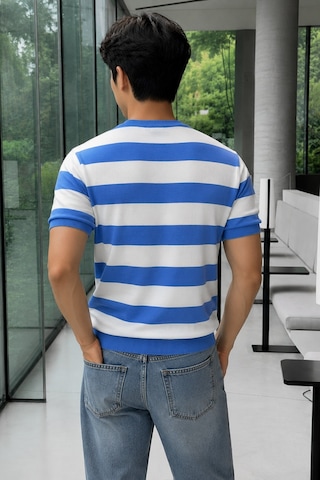 Tarz Cool Erkek Çizgili Triko Tişört Bisiklet Yaka Slim Fit Yazlık İnce Dokulu Mavi
