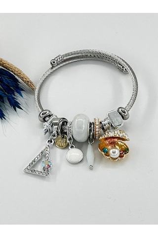 Bhs Life Kadın Charmlı Pembeli Beyaz İstiridye İncili Çelik Bileklik