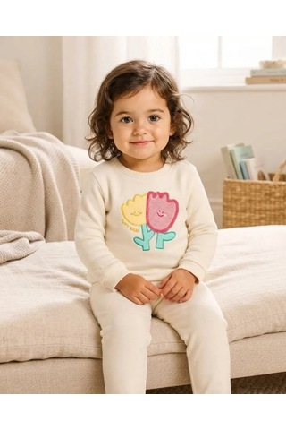 Tuffy Yeşil Tonlu Çiçek Baskılı Kız Bebek Sweatshirt Rahat Kalıp Ekru