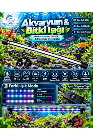 Akvaryum Işığı - Balık Işığı - Bitki Işığı - 57 Cm - 24 Led - Tamamen Su İçinde Kullanılabilir - 3 Modlu - 8w - Mükemmel Işık