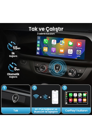 Bix Cb01 2.4g/5g Wifi Carplay Android Auto Kabloludan Kablosuza Çevirici Usb Adaptör Siyah Diğer
