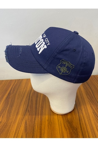 Boston Nakışlı Eskitme Vintage Model Pamuklu Cap Şapka Lacivert