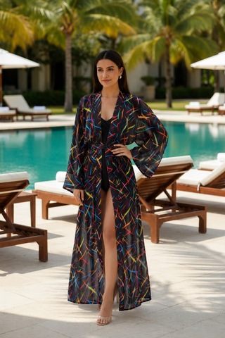 Armonika Kadın Beli Kuşaklı Yanları Yırtmaçlı Şifon Kimono Arm-26y001020 D67 Çok Renkli