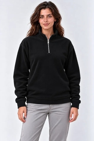 DefyModa Polar Dik Yaka Yarım Fermuarlı Uzun Kollu Regular Fit Kışlık Sweatshirt - Siyah