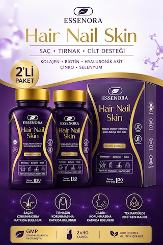 Hair Nail Skin 2'li Paket Saç Tırnak Cilt Kolajen Biotin Hyaluronik Asit 2x30 Kapsül