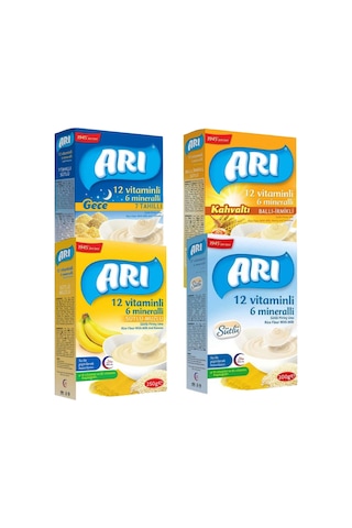 Arı Mama 7 Tahıllı Gece - Sütlü - Ballı İrmikli Kahvaltı - Sütlü Muzlu Pirinç Unu Kaşık Mama 4 x 250 G