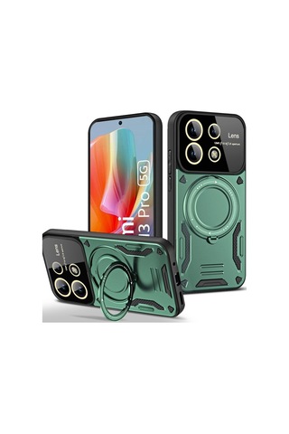 Redmi Note 13 Pro 4g Kılıf Manyetik Standlı Joy Lens Premium Tank Silikon Kapak - Koyu Yeşil Koyu Yeşil