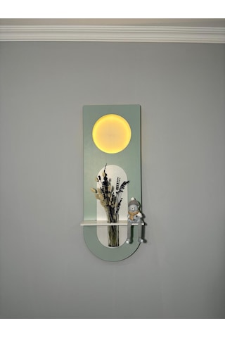 Mimoza Dekoratif Duvar Rafı Led Işıklı Ahşap İskandinav Tarzı Modern Salon Duvar Rafı Çiçeklik 30x80 Cm Yeşil - Paris Grisi