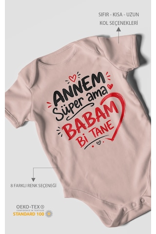 Morivokids Annem Süper Ama Babam Bi Tane Kısa Kollu Bebek Body %100 Pamuk Pastel Pembe