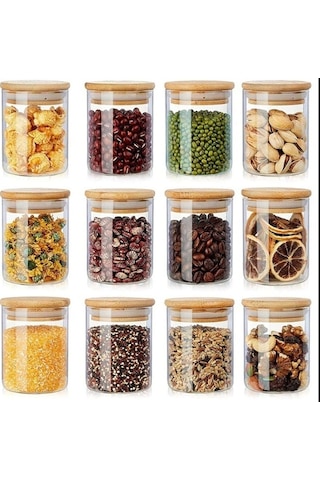Qerhome 12 Adet Bambu Kapaklı Borosilikat Cam Kavanoz Mini 200 Ml Kaşıklı ŞEffaf