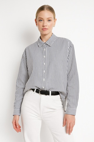 Kadın Çizgili Oversize Gömlek Antrasit Beyaz Pamuk Gömlek Antrasit
