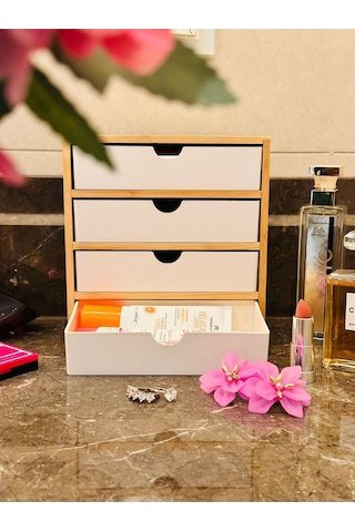 Makri Home Bambu 4 Çekmeceli Düzenleyici, 9 X 18 X 19 Cm Beyaz