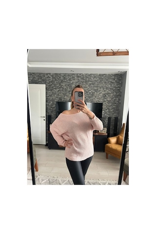 Wellway Kayık Yaka Simli Kumaş İnce Triko Kazak-pembe Pembe