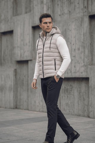Yelly Slim Fit Fermuarlı Cep Detaylı Erkek Şişme Yelek - Çıkarılabilir Kapüşonlu & Astarlı Gri