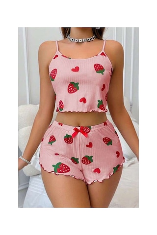 Royaleks Çilek Desenli Crop Askılı Şort Yazlık Pijama Takımı Ryl - S-49 Çok Renkli