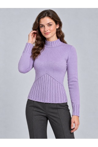 We&me Dik Yaka Saç Örgü Detaylı Uzun Kollu Kadın Triko Kazak Çok Renkli