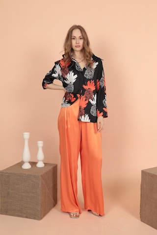 Chıcnhappy Saten Kumaş Pileli Palazzo Kadın Pantolon Orange-oranj Turuncu