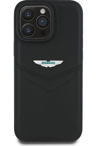 Apple Uyumlu iPhone 16 Pro Max Kılıf Aston Martin Lisanslı Victory Dizayn Deri Metal Logolu Kapak Siyah