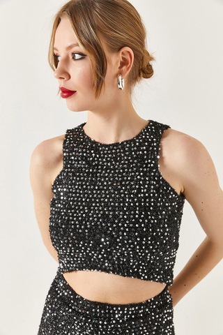 Armonika Kadın Halter Yaka Pul Payet Crop Bluz Siyah