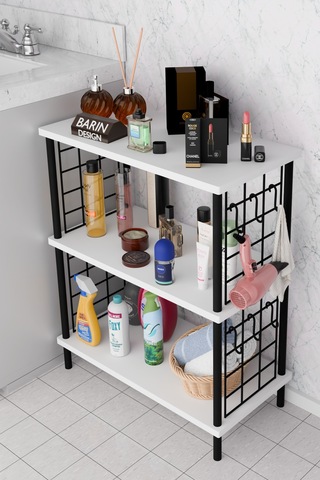 3raflı Telli Çevir Kur Çok Amaçlı Banyo Rafı Dolabı Metal Gövdeli Organizer Düzenleyici Saklama Rafı Beyaz