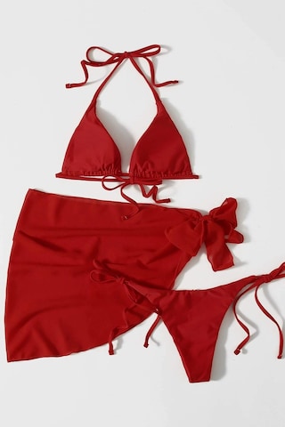 Angelsin Pareolu Bağlamalı 3'lü Bikini Takım Set Çıkartılabilir Kaplı Kırmızı