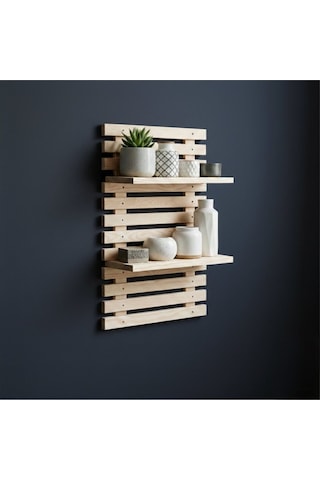 Woodify Yapışkanlı Doğal Ahşap Duvar Rafı - 50x30 Cm Matkapsız Montaj Dekoratif Mutfak Banyo Rafı Bej