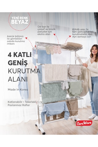 Home S4 Premium 4 Katlı Beyaz Çamaşırlık Made İn Korea Tam Katlanır Tekerlekli Çamaşır Kurutmalık