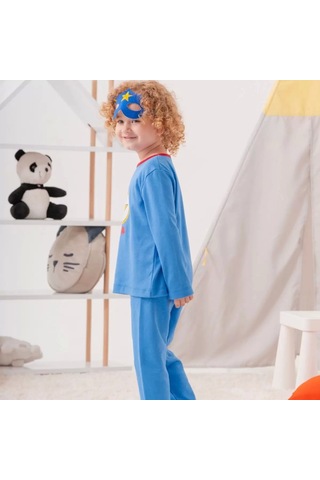 Heros Desenli Çanta Ve Maskeli % 100 Pamuk Erkek Çocuk Pijama Takımı Mavi