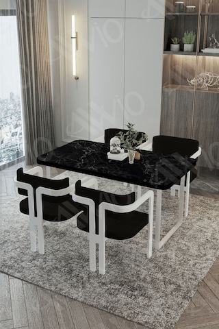Avvio Mitra Metalayak Tokyo Demonte Sandalye 80x120 Yemek Masası Mutfak Masası 4 Kişilik Siyah Mermer