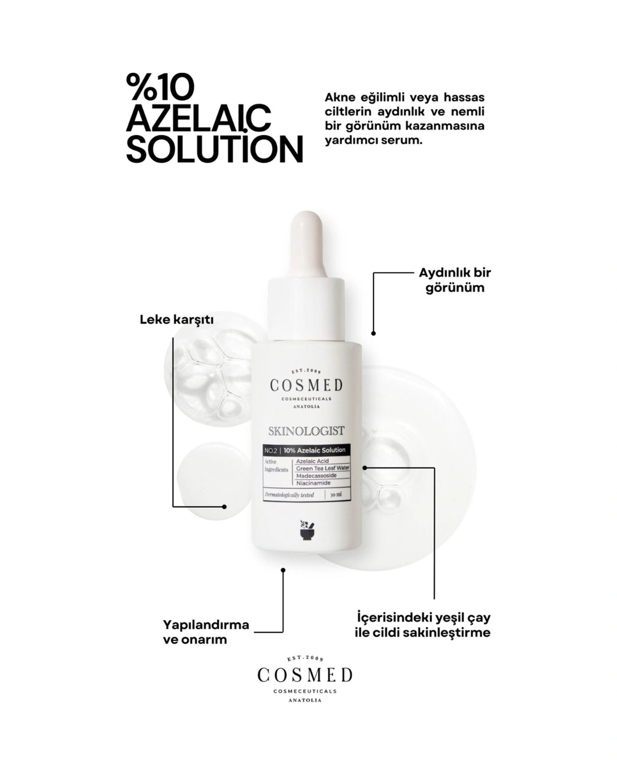Cosmed Azelaik Asit ve Yeşil Çay İçeren Leke Karşıtı Serum - 10% Azelaic Solution - 30 ml