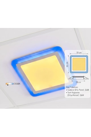 Kare Sıva Altı Led Spot Aydınlatma 36 Watt Çift Renk 3 Kademe Mavi Günışığı Gece Lambası Armatür