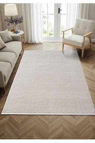 Feel Fl010w Krem Halı Modern Desenli Akrilik Tozu Az Pamuk Taban Salon Halısı Yatak Odası Koridor