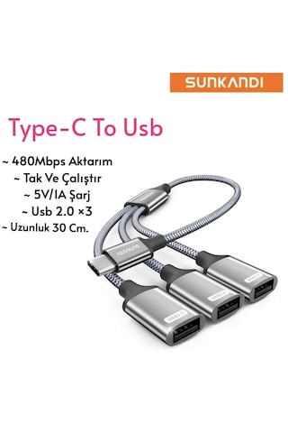 Sunkandı Type-c To Usb Çoğaltıcı 3x Usb 2.0 Çoklayıcı Hasır Örgülü Sağlam Kablo Ce Lisanslı