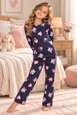 Free Beka Desenli Bisiklet Yaka Süet Kumaş Kız Çocuk Uzun Kollu Pijama Takımı Siyah